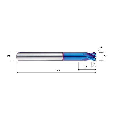 Pulsar Blue 101750 Series 4 Flute Reduced Neck Corner Radius End Mill Technical Drawing.