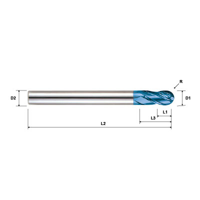 Pulsar Blue 101950 Series 3 Flute Ball Nose End Mill Technical Drawing..