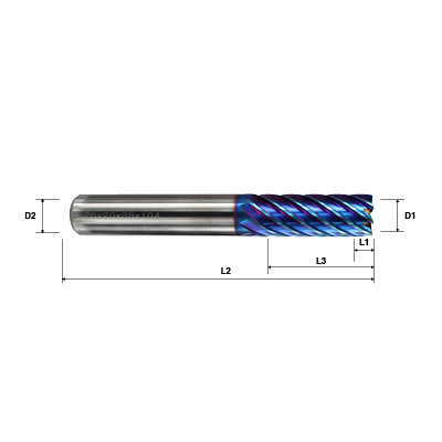 Pulsar Blue 102950 Series 6 & 8 Flute 45 Degree Helix Long Series End Mill Technical Drawing..