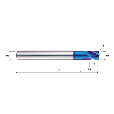 Pulsar Blue 103350 Series 4 Flute Reduced Neck Corner Radius End Mill Technical Drawing..