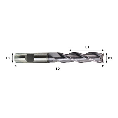 CLARKSON 105121 Series HSS TiAlN Coated Co8 3 Flute Long Length Weldon Shank End Mill Technical Drawing..