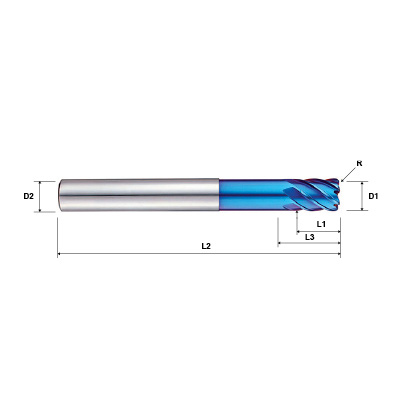 Pulsar Blue 108350 Series 6 Flute 45 Degree Helix Corner Radius End Mill Technical Drawing..