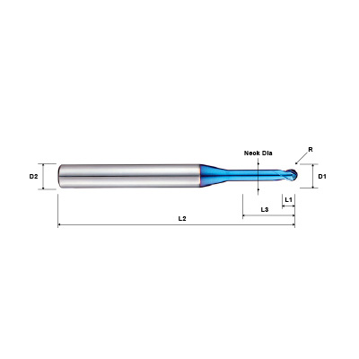 Pulsar Blue 109350 Series 2 Flute Rib Processing Ball Nose End Mill Technical Drawing..