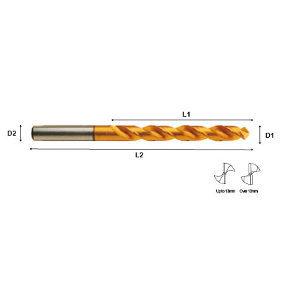 Technical drawing of HPH-SUS HSS vanadium tin coated 5xD jobber drill..
