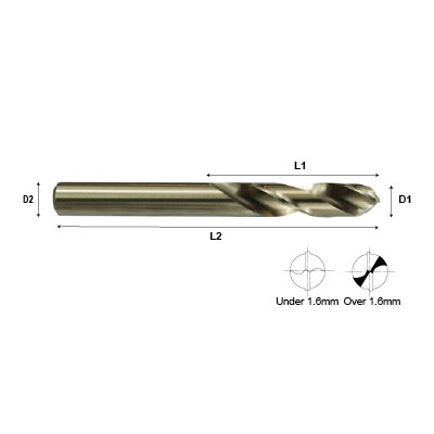 Technical drawing of HSS 8% cobalt stub drill..
