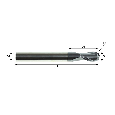 STARKE Eco-Mill EB452 Series 2 Flute Coated Solid Carbide Ball Nose Slot Drill Technical Drawing..