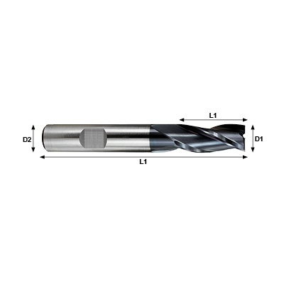 Max-Mill EH110123 Series HSS Tialn Coated 3 Flute End Mill Technical Drawing.