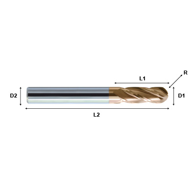 ZCC-CT HM-4B Series 4 Flute Ball Nose End Mill with Straight Shank for Hardened Steel Machining Technical Drawing.