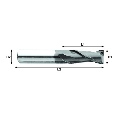 NANO-MILL Max-Mill JE Series Coated Carbide 2 Flute Square End Mill Technical Drawing.