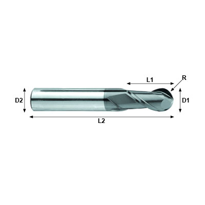 NANO-MILL Max-Mill JKB Series Coated Carbide 2 Flute Ball Nose Long Length End Mill 150mm OAL Technical Drawing.