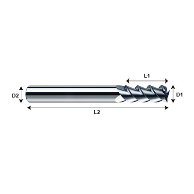 NANO-MILL Ali-Max LAE**03 Series Solid Carbide 3 Flute Long Length End Mill Technical Drawing.
