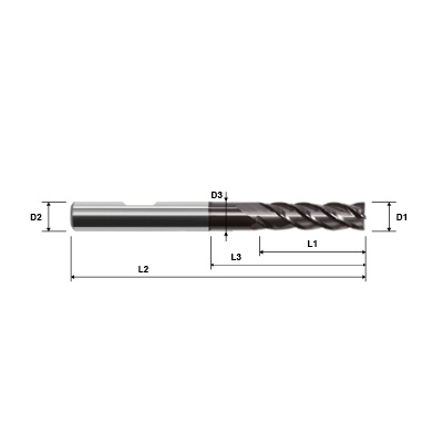 ZCC-CT UM-4ELP-W Series 4 Flute Reduced Neck AlCrN Coated High Performance Variable Helix Solid Carbide End Mill Technical Drawing.