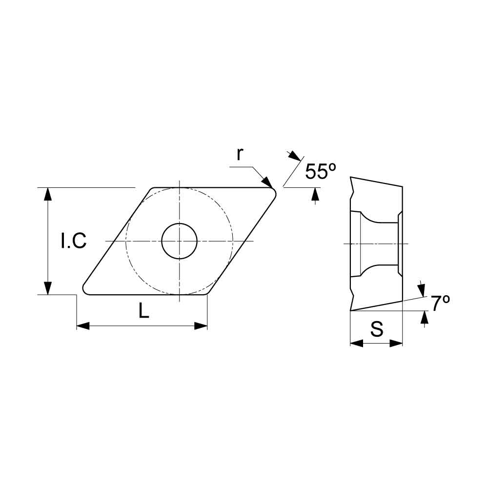 DCMT Positive Turning Insert with KF Finishing Chipbreaker (KA9000 Universal Grade) Technical Drawing.